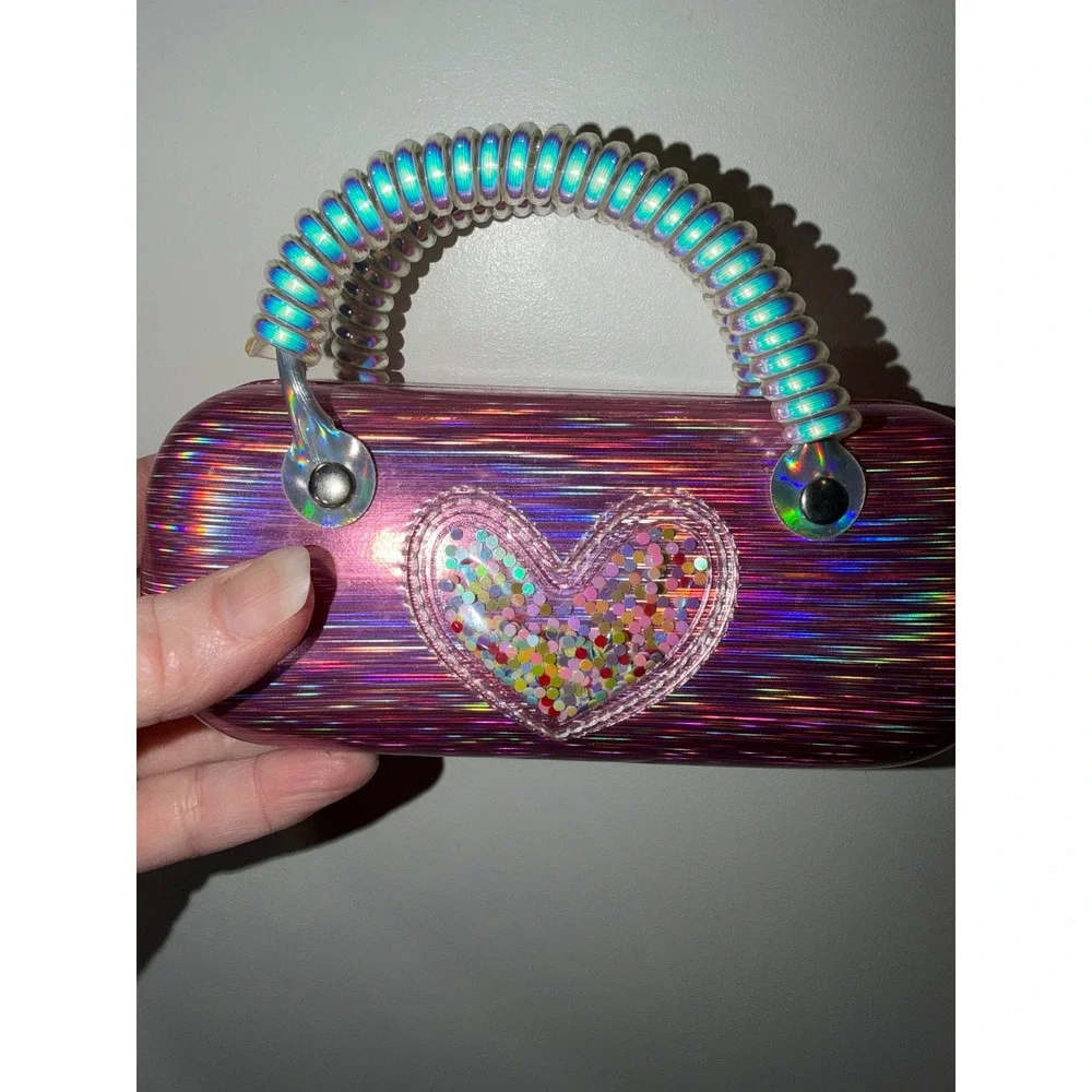Kids Pink Holographic Shaker Heart Sunglasses eye glasses Case Mini Bag